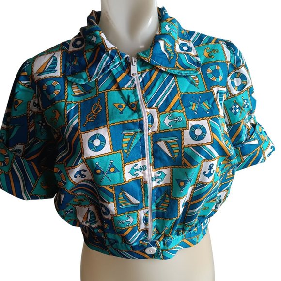 Women's M Vintage 1970's Nautical Print Cropped Zip Shirt Atlanta Georgia - Picture 1 of 9